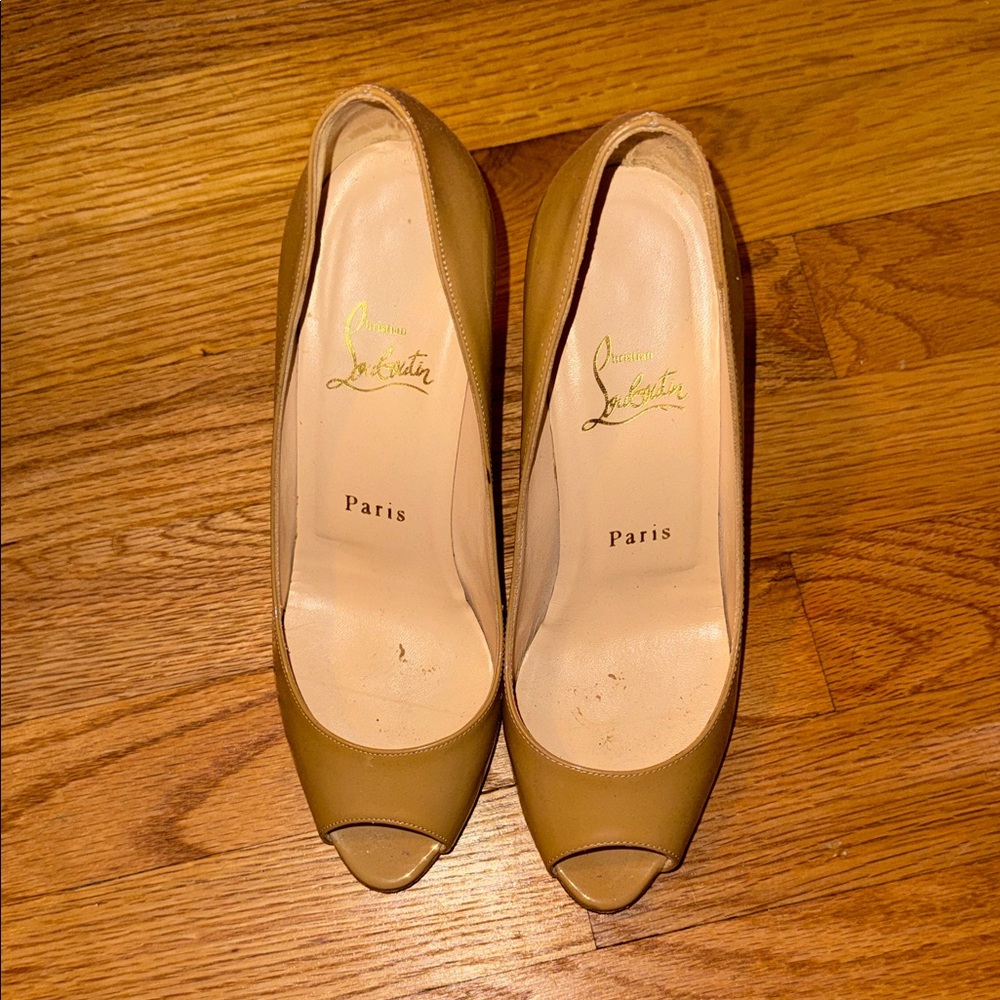 Christian Louboutin Tan Peep-Toe Heels